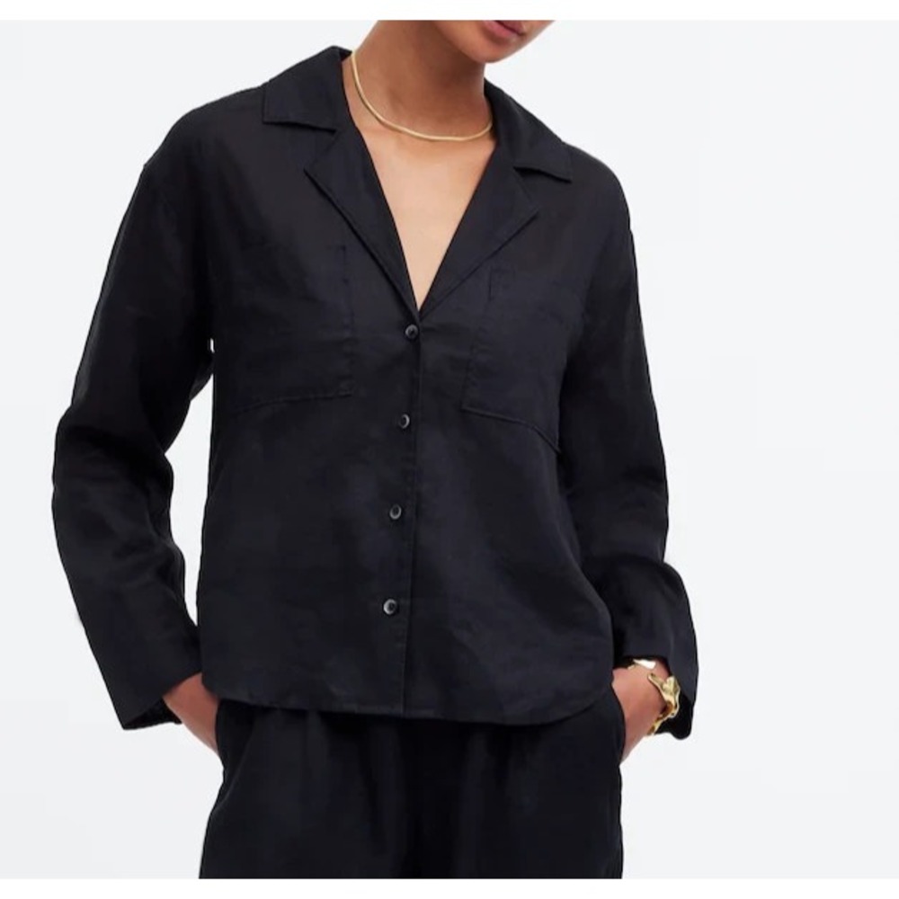 EUC Madewell Resort Long-Sleeve Shirt black 100% Ramie button up coastal size L